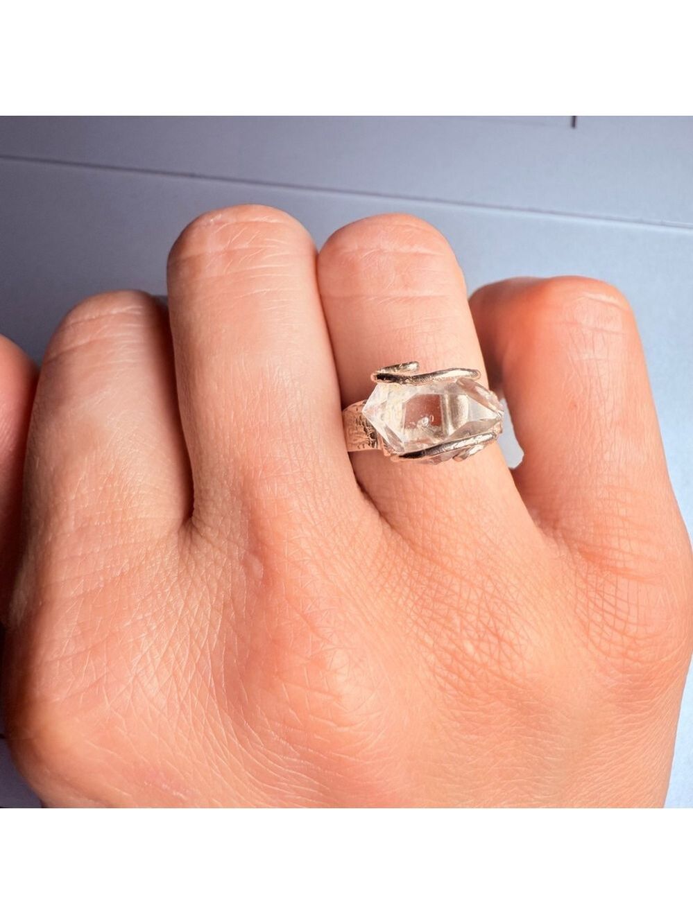 Artisan Brutalist Wire Wrap Rough Quartz Rock Crystal Sterling Silver 925 Ring - Picture 7 of 10